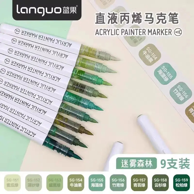 Languo 9-Color Acrylic Marker Pen Set - Versatile Soft Head Markers with Smart Ink Control for Creative Minds
