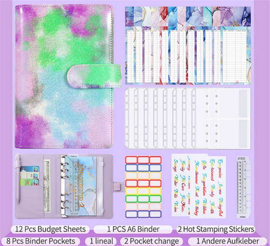 Colorful Marble Money Budget Planner Binder with Zipper and Cash Envelopes