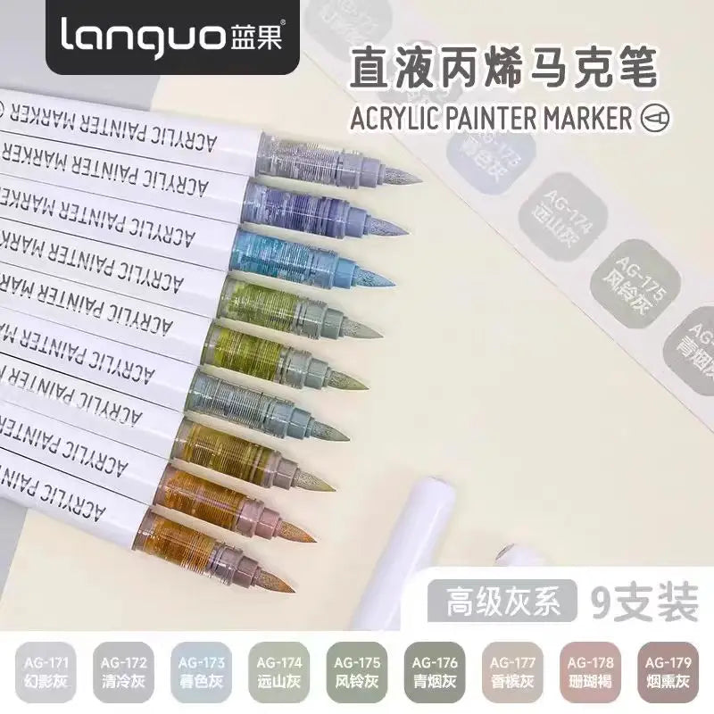 Languo 9-Color Acrylic Marker Pen Set - Versatile Soft Head Markers with Smart Ink Control for Creative Minds
