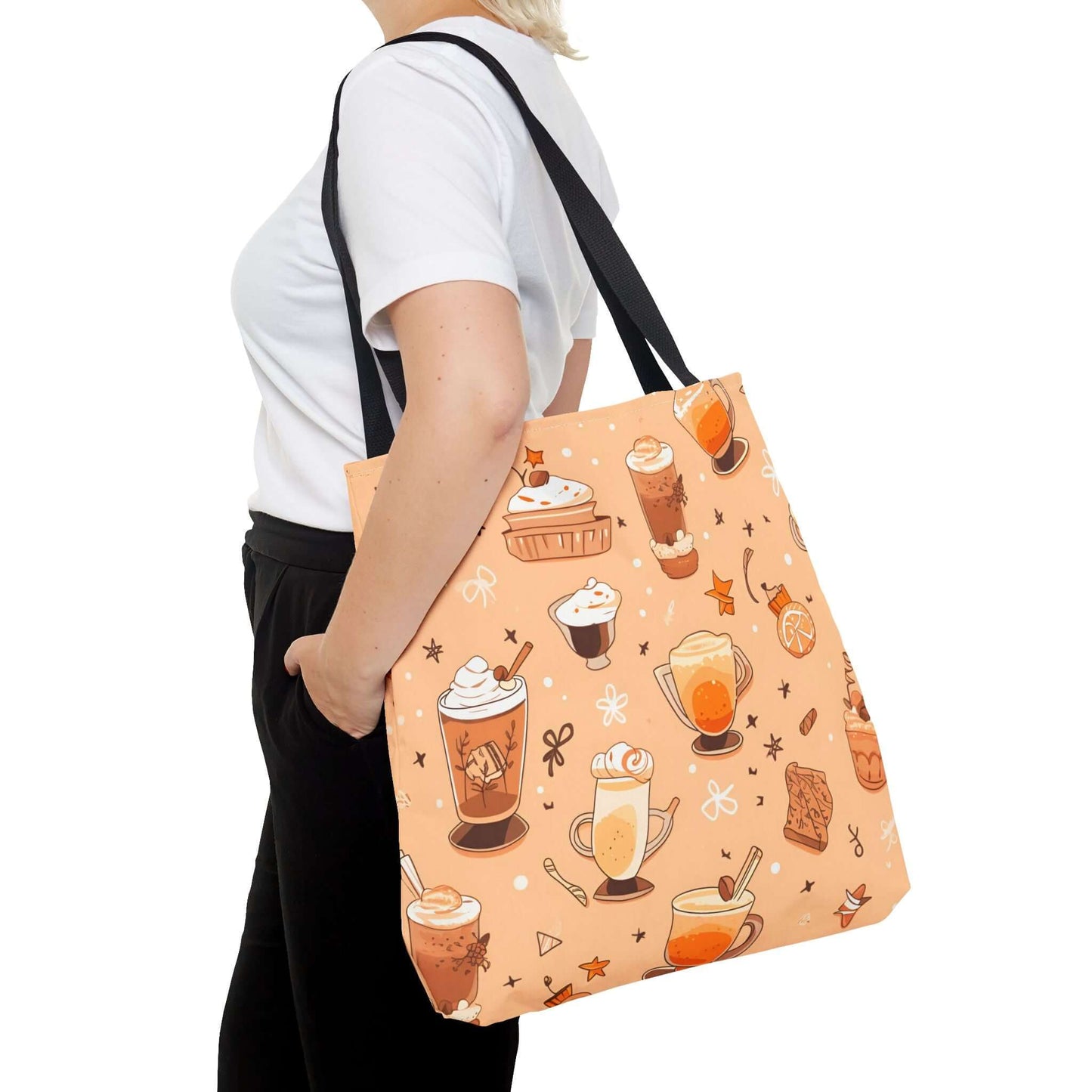 Fall Vibes Tote Bag – Cute Coffee Pattern, Available in Multiple Sizes