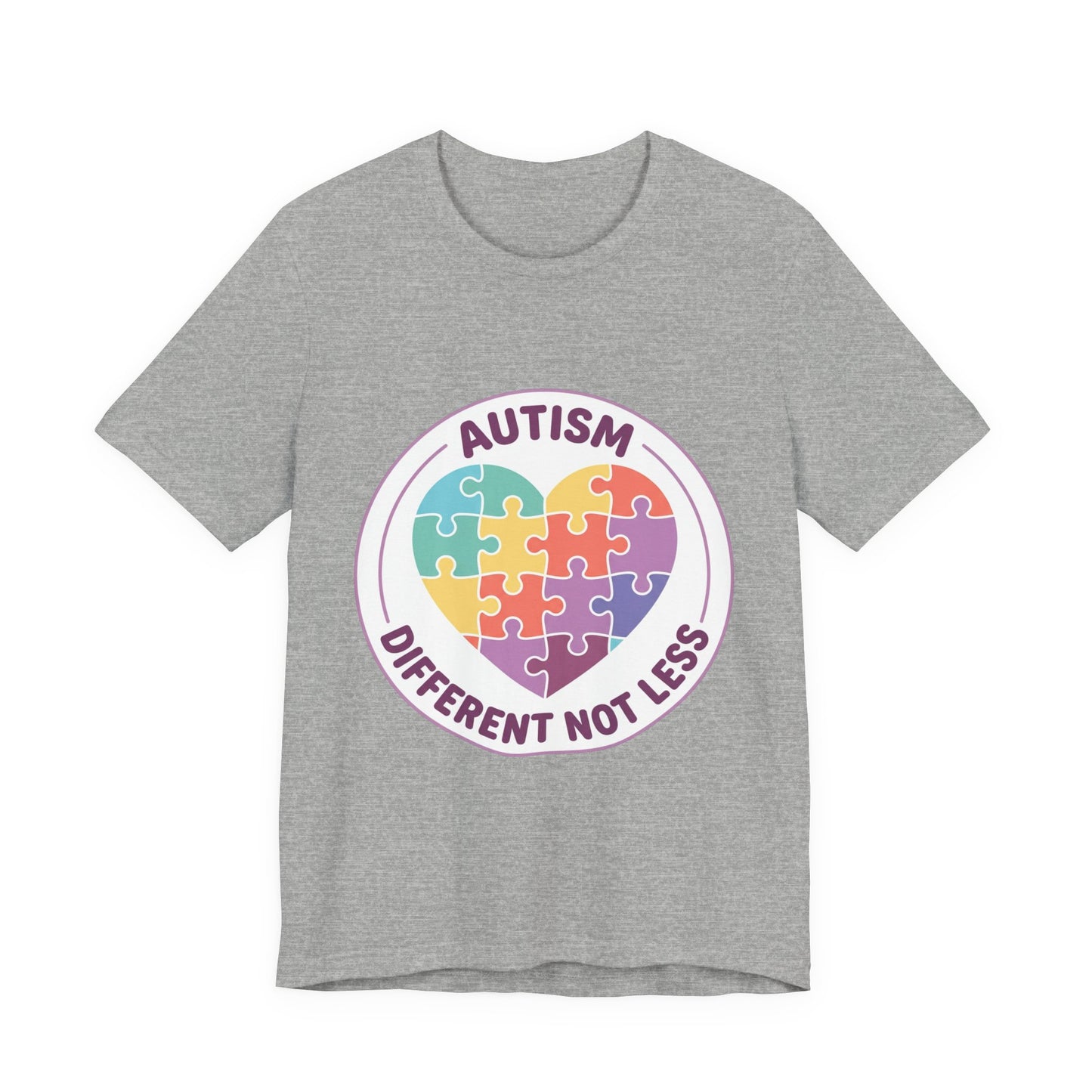 t-shirt with a colorful heart puzzle design and 'Autism Different Not Less' text on a white background