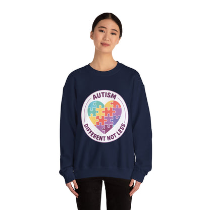 Sweatshirt with autism awareness design featuring a heart made of puzzle pieces on a white background