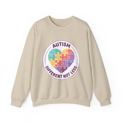 Sweatshirt with autism awareness design featuring a heart made of puzzle pieces on a white background