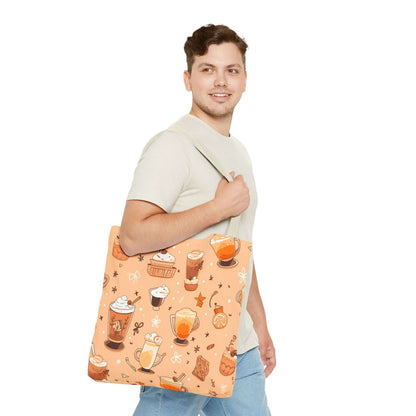 Fall Vibes Tote Bag – Cute Coffee Pattern, Available in Multiple Sizes