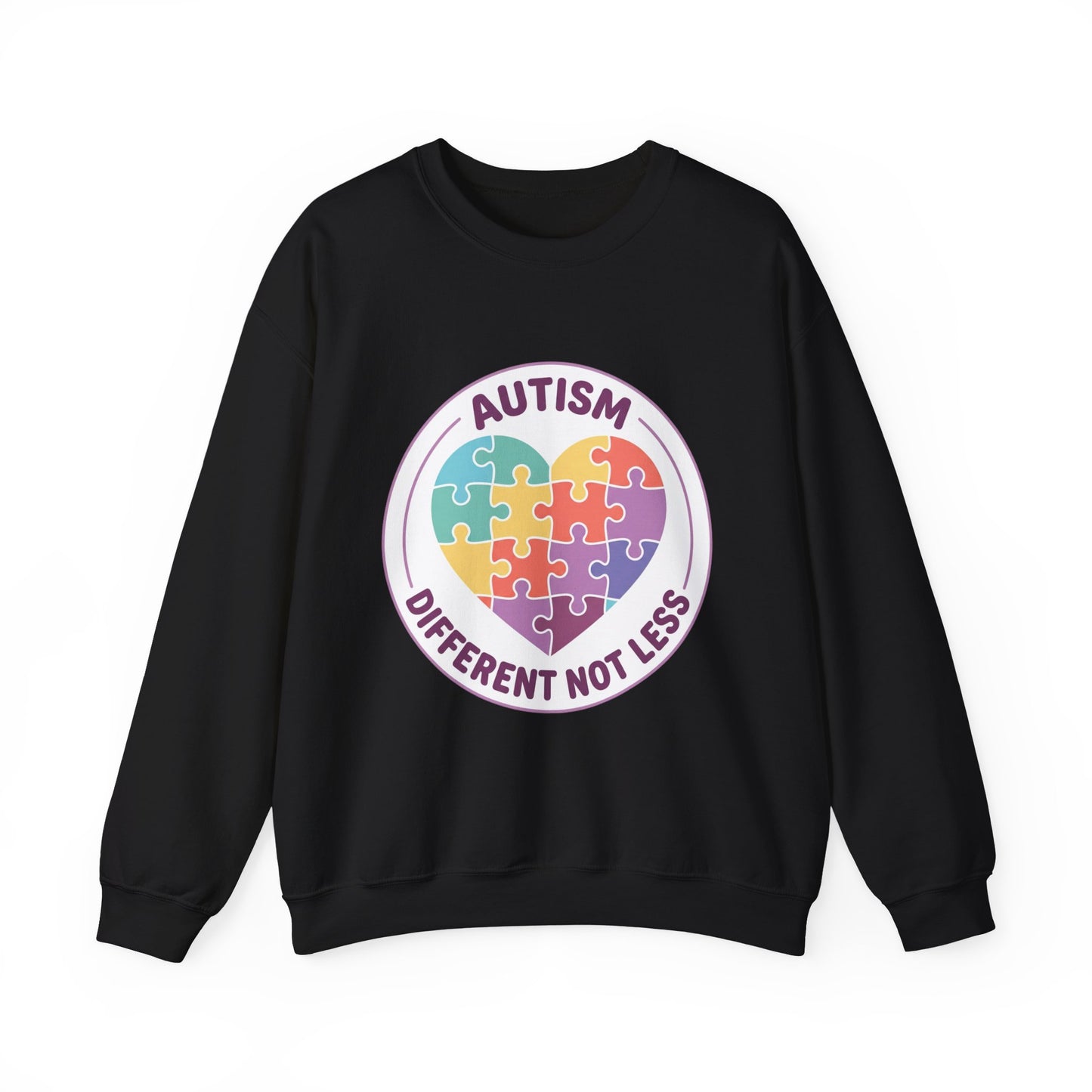 Sweatshirt with autism awareness design featuring a heart made of puzzle pieces on a white background