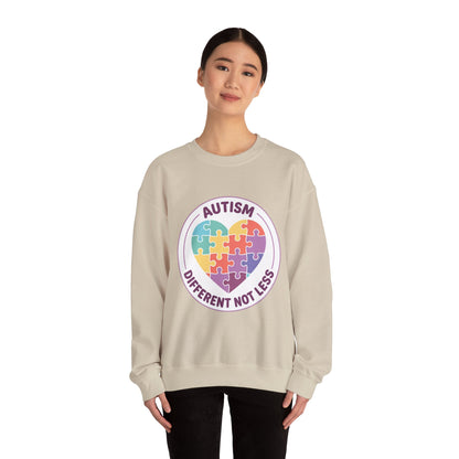 Sweatshirt with autism awareness design featuring a heart made of puzzle pieces on a white background