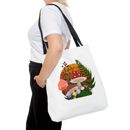 Mushrooms & Flowers, AOP Tote bag, High Quality, Stationery Hauler