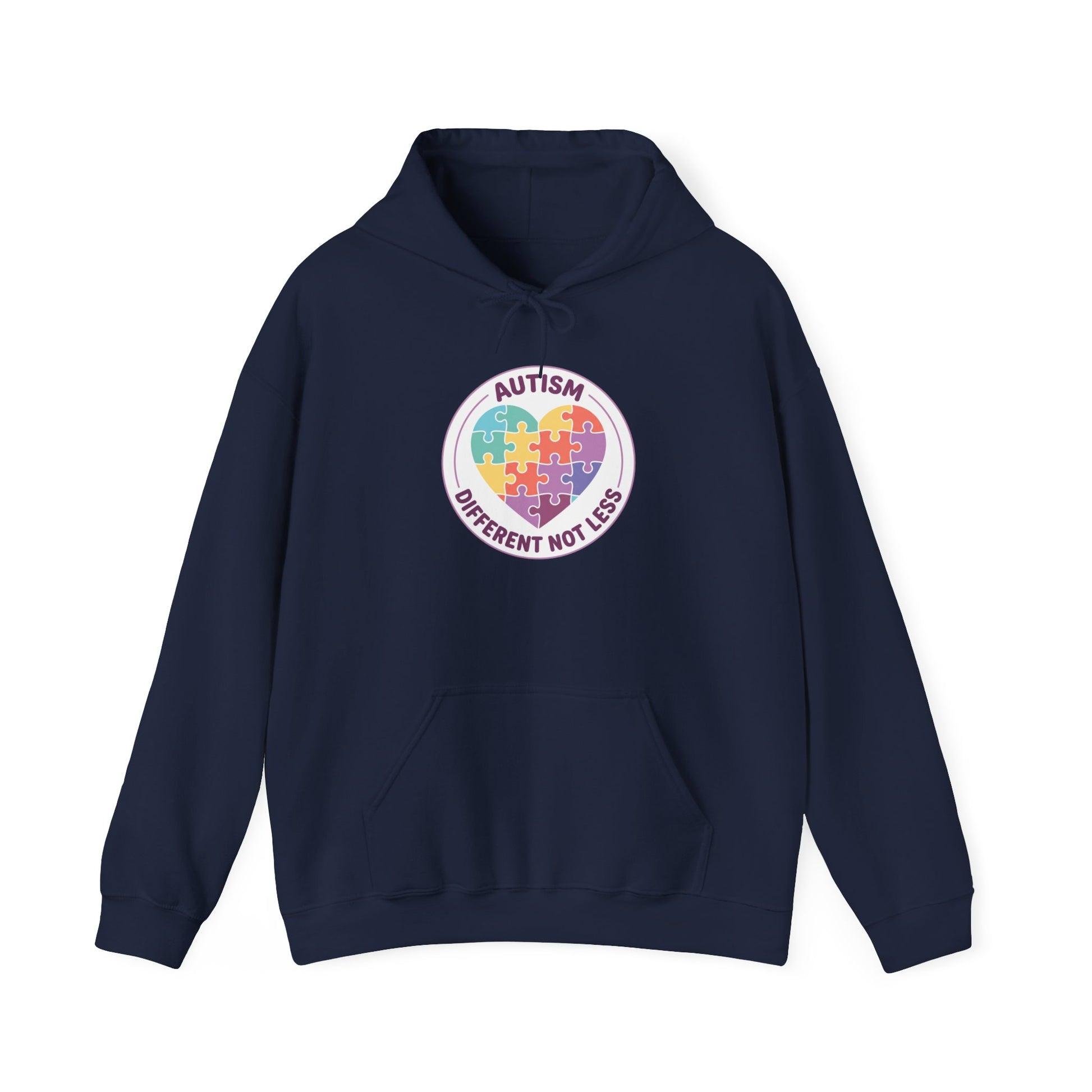 Person wearing a hoodie with an autism awareness design in a casual setting.