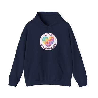 Person wearing a hoodie with an autism awareness design in a casual setting.