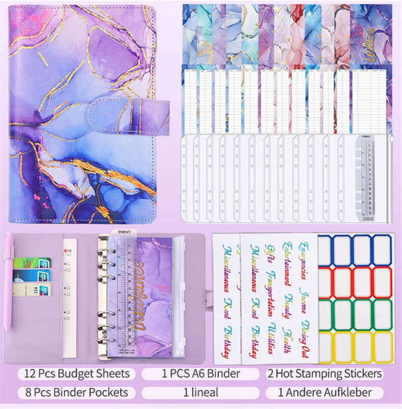 Colorful Marble Money Budget Planner Binder with Zipper and Cash Envelopes