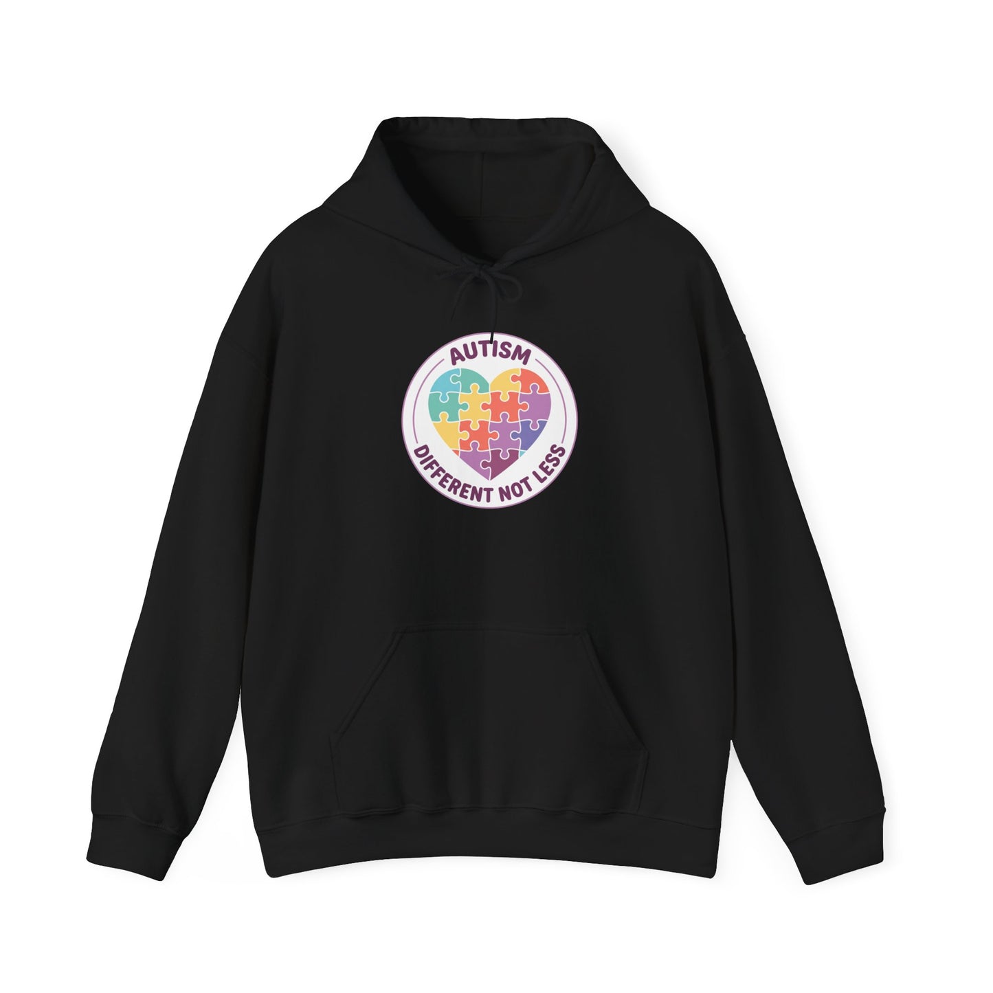 Person wearing a hoodie with an autism awareness design in a casual setting.