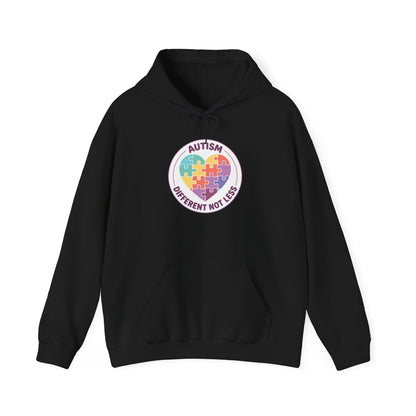 Person wearing a hoodie with an autism awareness design in a casual setting.