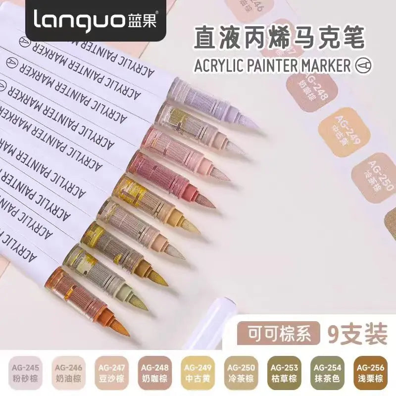 Languo 9-Color Acrylic Marker Pen Set - Versatile Soft Head Markers with Smart Ink Control for Creative Minds
