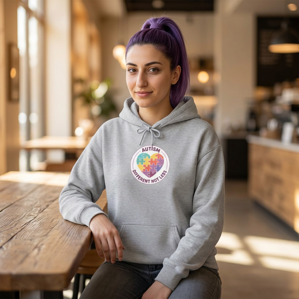 Person wearing a hoodie with an autism awareness design in a casual setting.