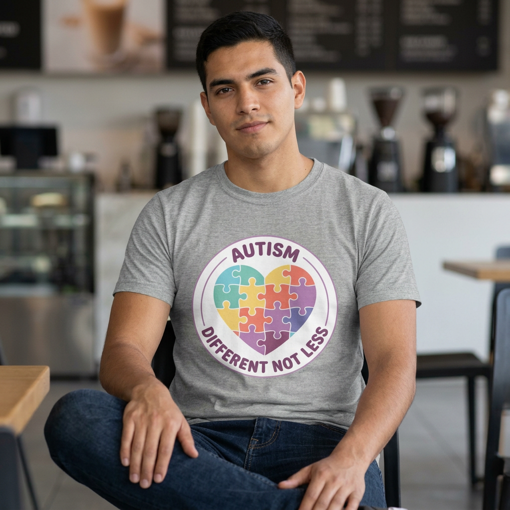 Person wearing a gray t-shirt with an autism awareness design in a cafe setting