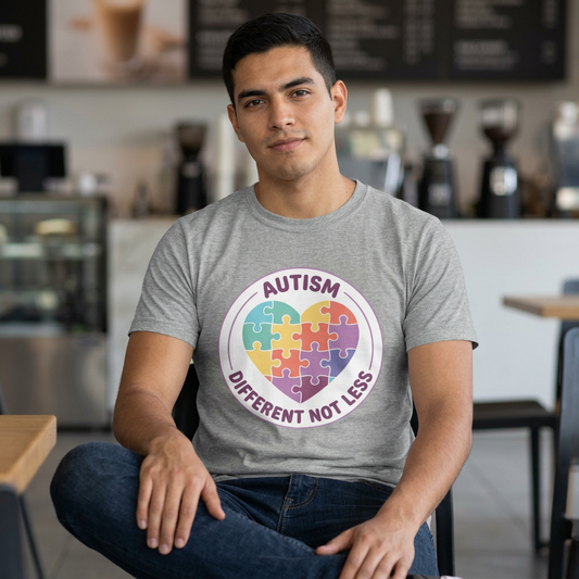 Person wearing a gray t-shirt with an autism awareness design in a cafe setting