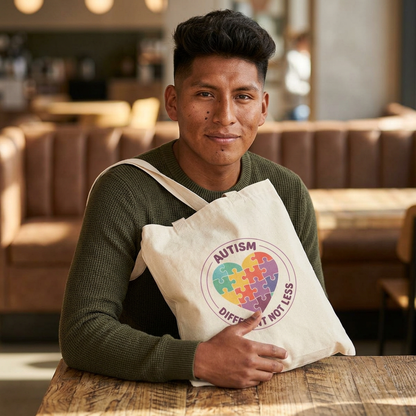 Person holding a tote bag with an autism awareness design in a casual setting.