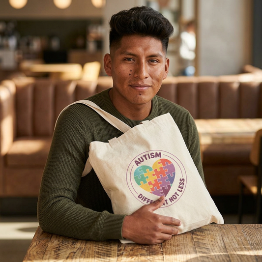 Person holding a tote bag with an autism awareness design in a casual setting.