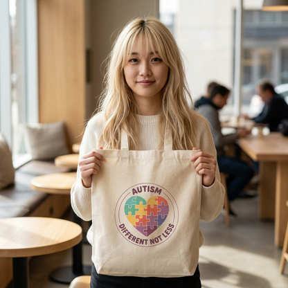 Person holding a tote bag with an autism awareness design in a cafe setting