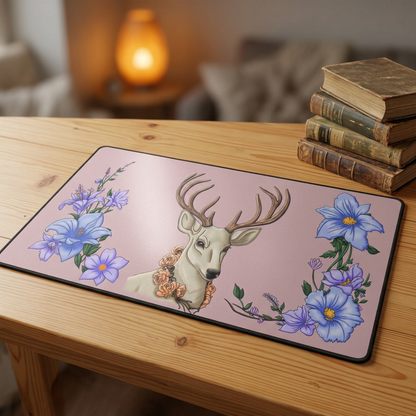 Floral Deer Desk Mat — Pastel Pink Gaming/Office Mouse Pad