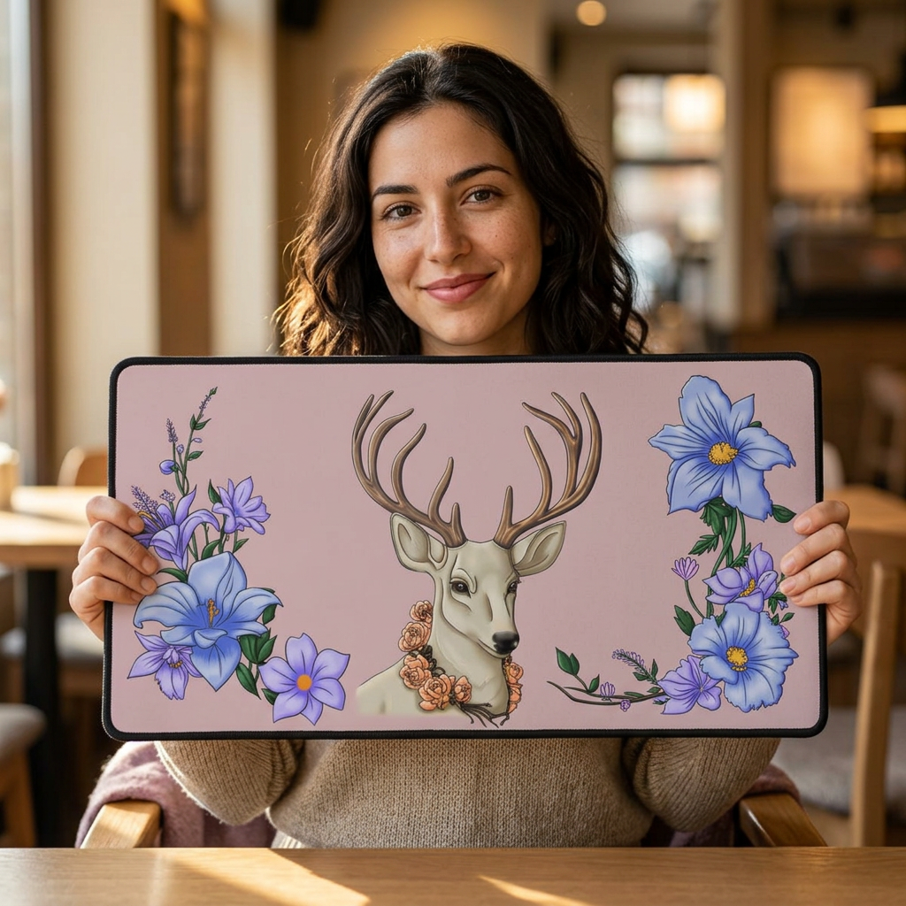 Floral Deer Desk Mat — Pastel Pink Gaming/Office Mouse Pad