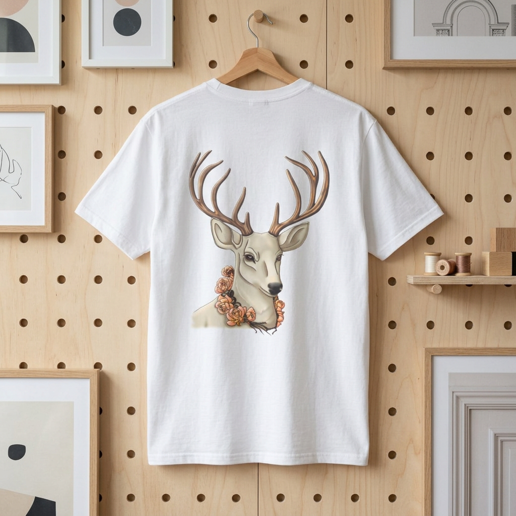 Floral Deer Minimal Tee — Soft Everyday White T‑Shirt