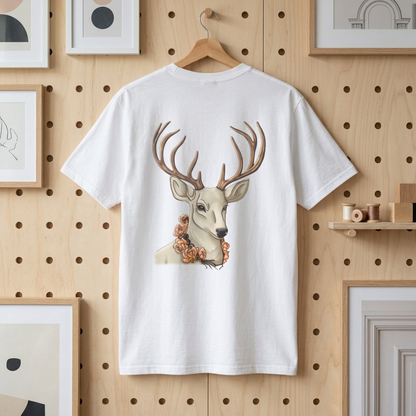 Floral Deer Minimal Tee — Soft Everyday White T‑Shirt
