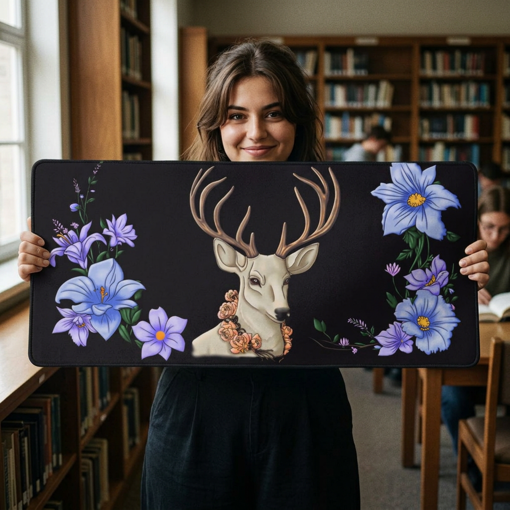 Floral Deer Desk Mat — Pastel Pink Gaming/Office Mouse Pad