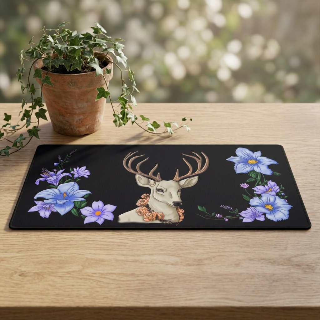Floral Deer Desk Mat — Pastel Pink Gaming/Office Mouse Pad