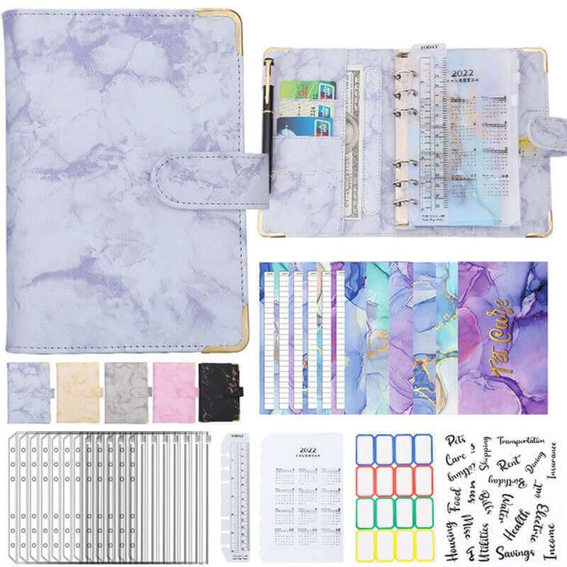 Colorful Marble Money Budget Planner Binder with Zipper and Cash Envelopes