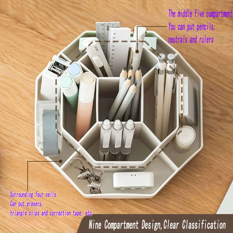 Desktop Pen Organizer with Rotating Base and 9 Compartments