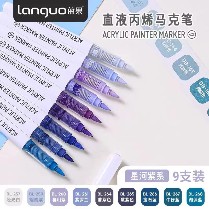 Languo 9-Color Acrylic Marker Pen Set - Versatile Soft Head Markers with Smart Ink Control for Creative Minds