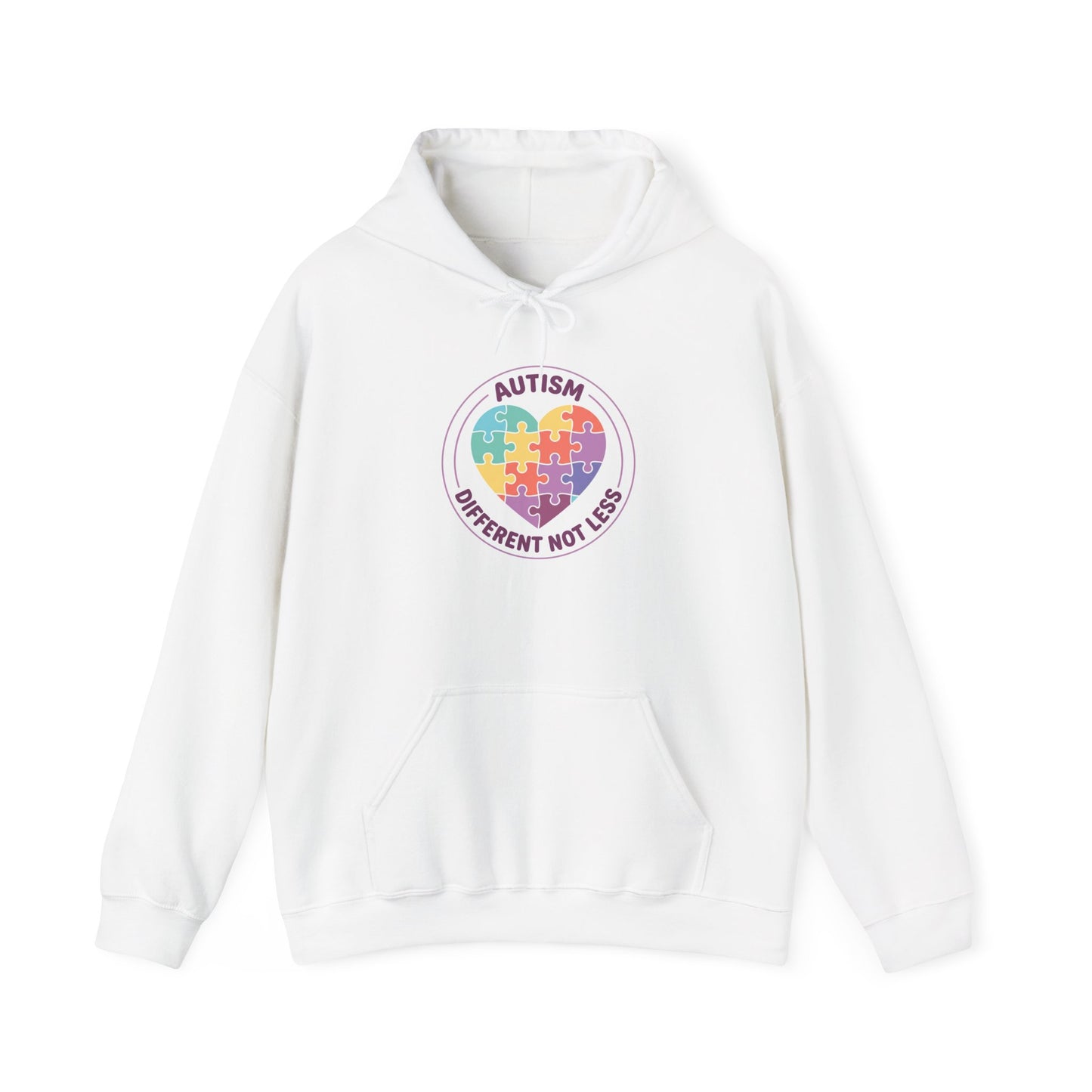 Person wearing a hoodie with an autism awareness design in a casual setting.