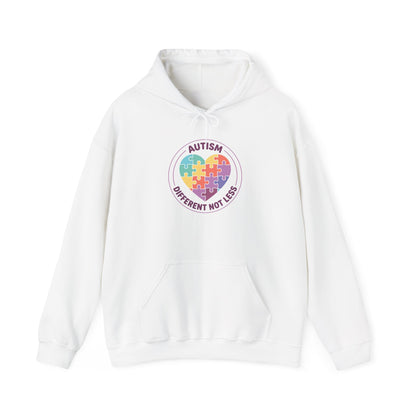 Person wearing a hoodie with an autism awareness design in a casual setting.