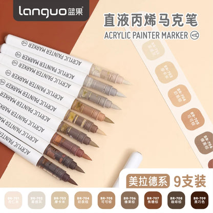 Languo 9-Color Acrylic Marker Pen Set - Versatile Soft Head Markers with Smart Ink Control for Creative Minds