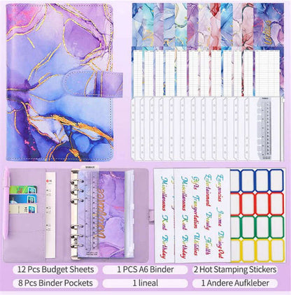 Colorful Marble Money Budget Planner Binder with Zipper and Cash Envelopes