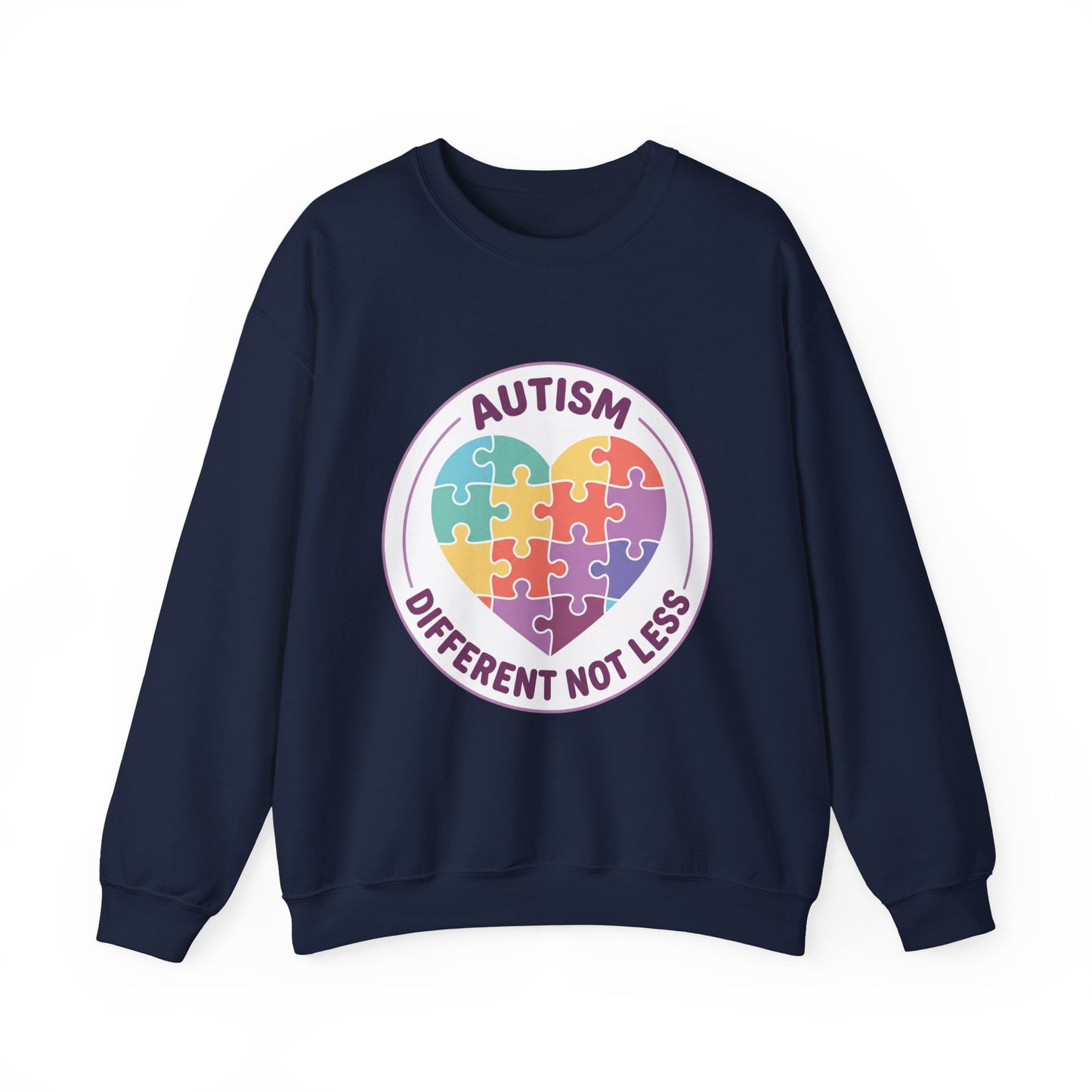 Sweatshirt with autism awareness design featuring a heart made of puzzle pieces on a white background