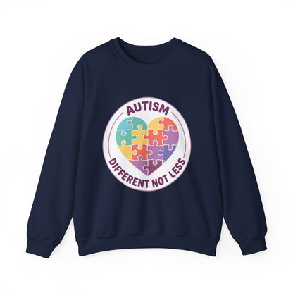 Sweatshirt with autism awareness design featuring a heart made of puzzle pieces on a white background