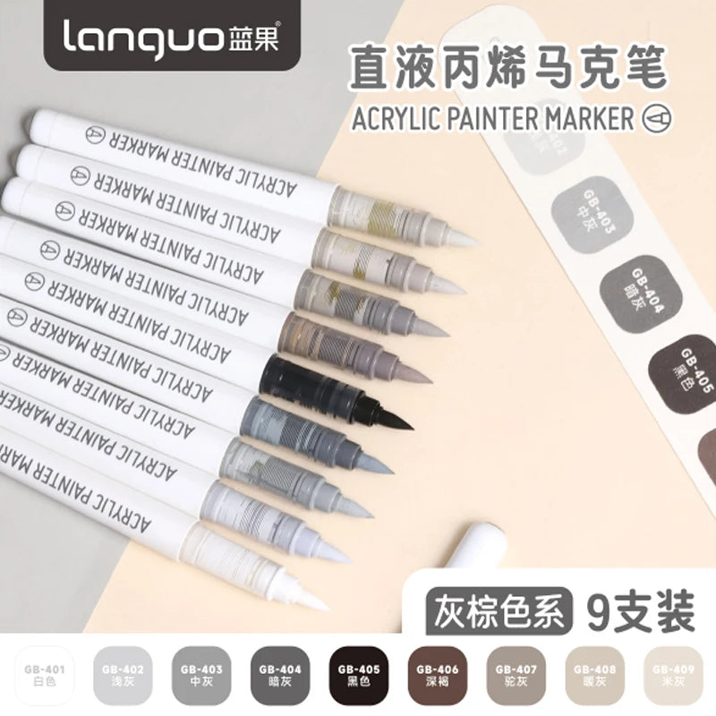 Languo 9-Color Acrylic Marker Pen Set - Versatile Soft Head Markers with Smart Ink Control for Creative Minds