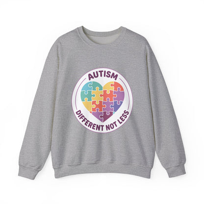 Sweatshirt with autism awareness design featuring a heart made of puzzle pieces on a white background