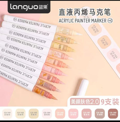 Languo 9-Color Acrylic Marker Pen Set - Versatile Soft Head Markers with Smart Ink Control for Creative Minds