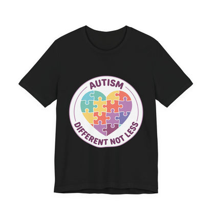 t-shirt with a colorful heart puzzle design and 'Autism Different Not Less' text on a white background