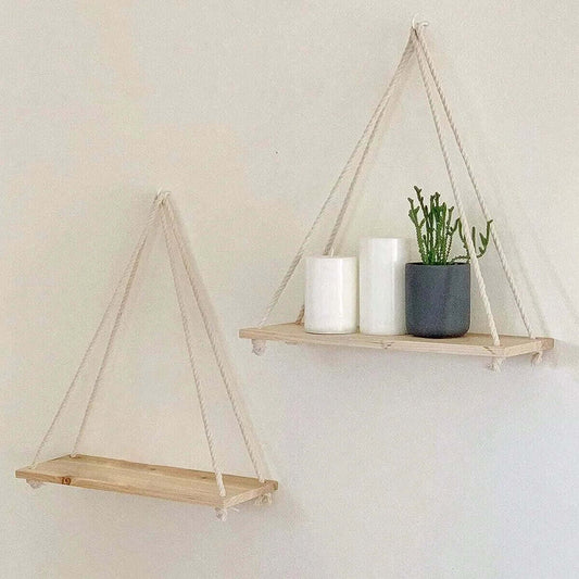 Rustic Wooden Swing Wall Shelf with Hemp Rope - Perfect for Organizing Plants and Flower Pots