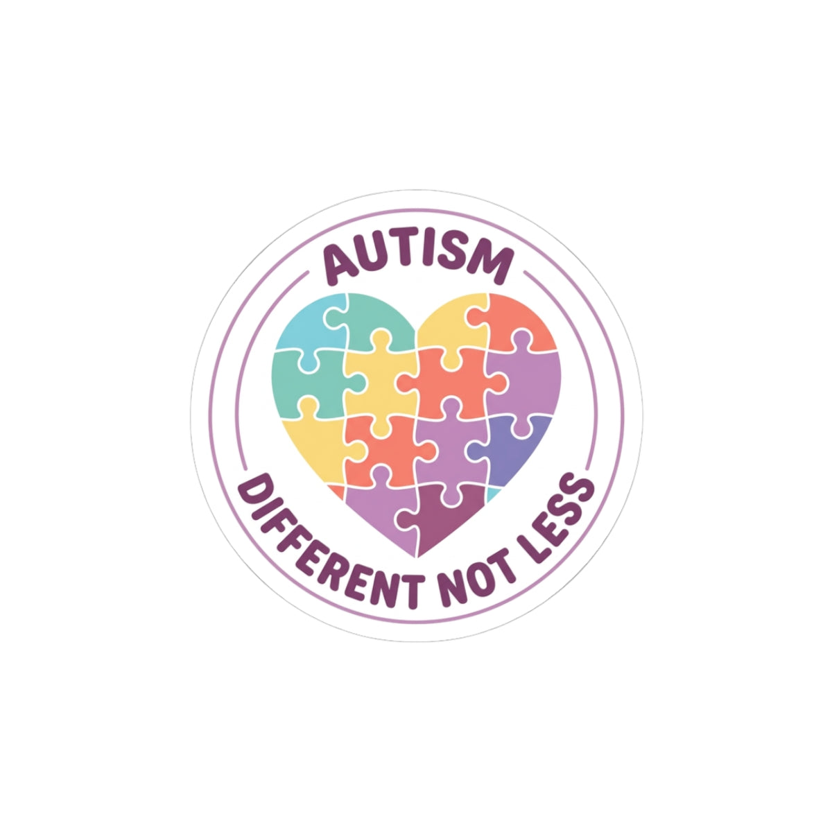 Sticker with a colorful heart made of puzzle pieces and text 'Autism Different Not Less' on a white background.
