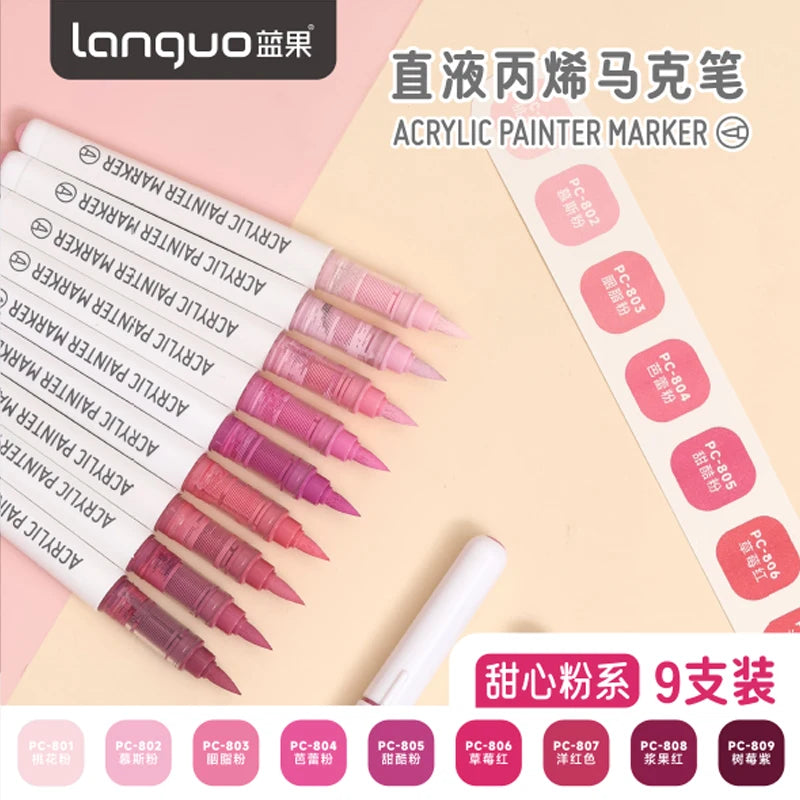 Languo 9-Color Acrylic Marker Pen Set - Versatile Soft Head Markers with Smart Ink Control for Creative Minds