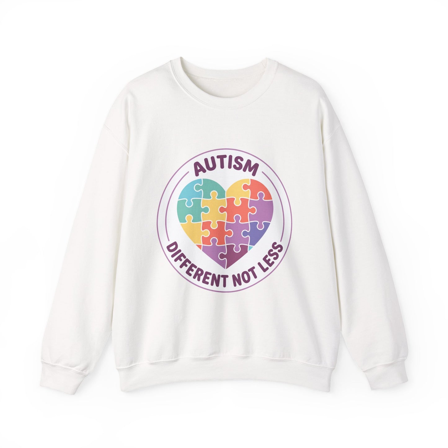Sweatshirt with autism awareness design featuring a heart made of puzzle pieces on a white background
