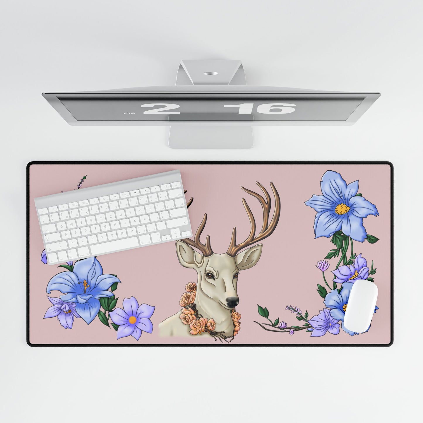 Floral Deer Desk Mat — Pastel Pink Gaming/Office Mouse Pad