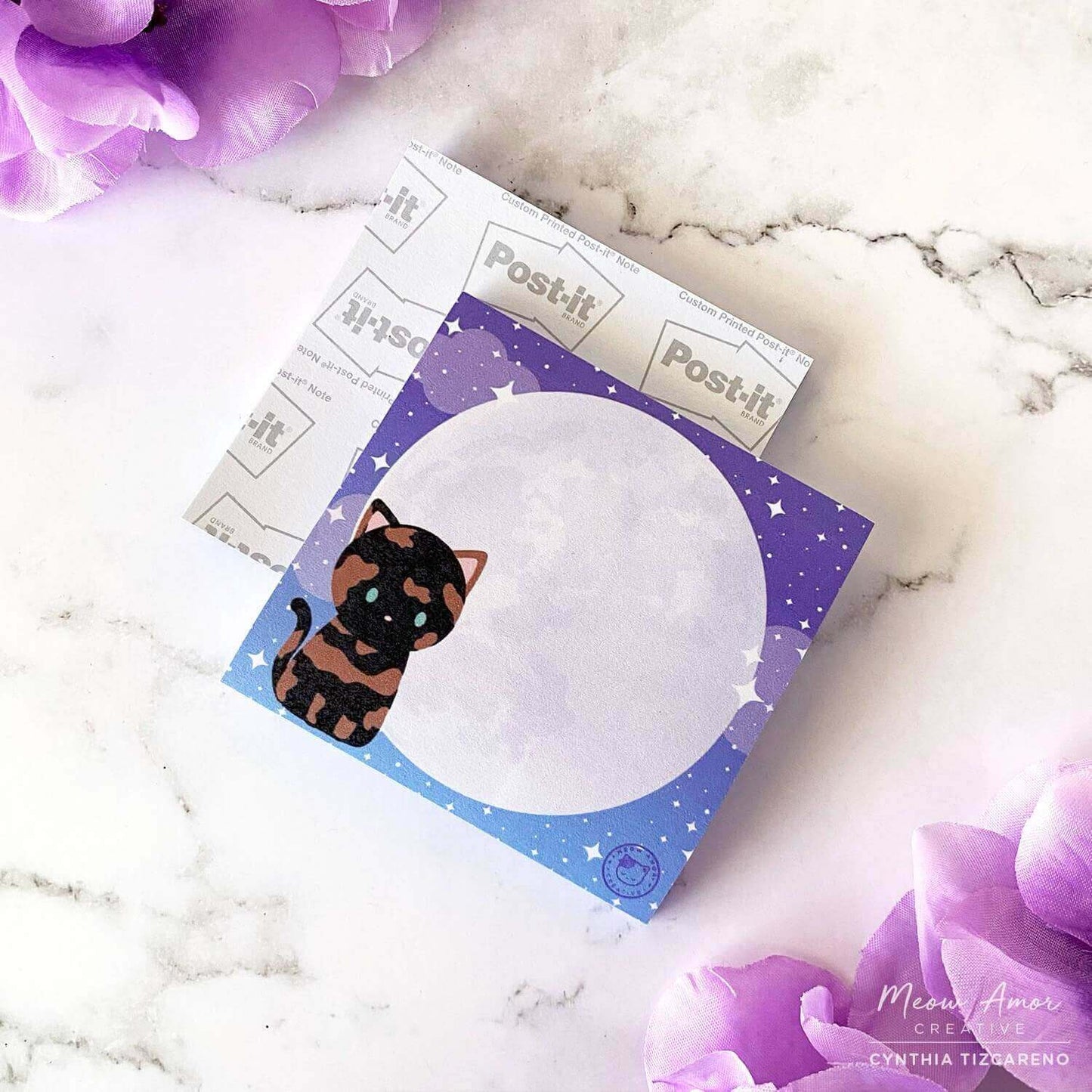 Tortie Cat on a Moon Sticky Notes - Enhance your cute desk aesthetics!