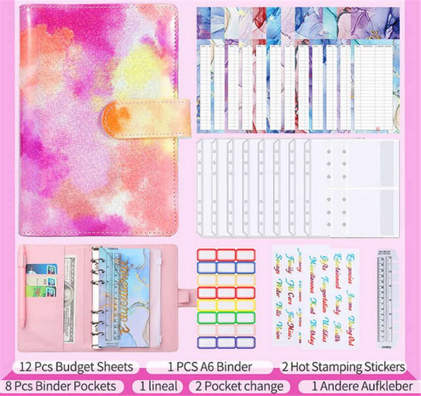 Colorful Marble Money Budget Planner Binder with Zipper and Cash Envelopes