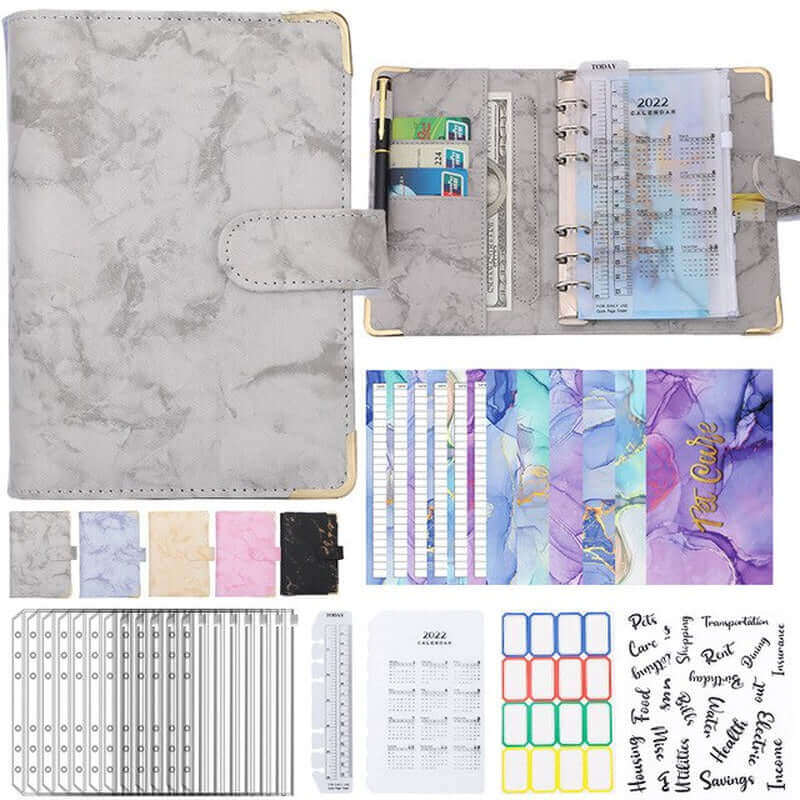 Colorful Marble Money Budget Planner Binder with Zipper and Cash Envelopes